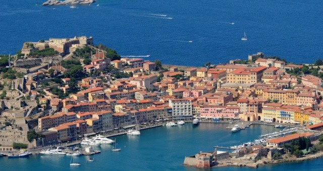 The Portoferraio harbor and the historic fort on Elba island in Italy