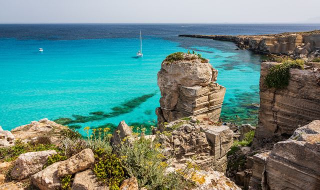 View of the Mediterranean from Cala Rossa, Favignana, Egadi Islands, Italy