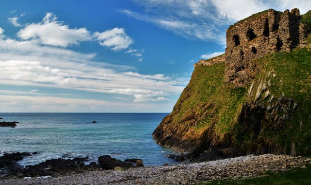 View of the ruins of Findlater Castle near Cullen in Scotland, UK