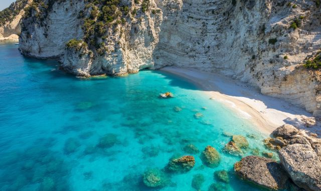 Panoramic view of Afales Beach in Ithaca, Ionian Sea, Greece