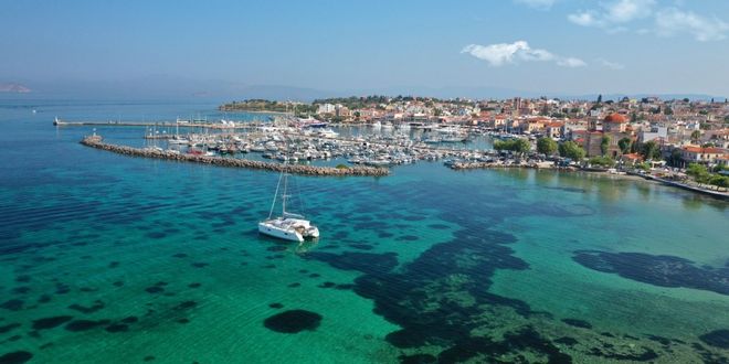 Aegina town and marina with boats, Saronic, Greece