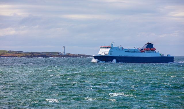 View of ferry approaching port of Belfast in Northern Ireland, UK