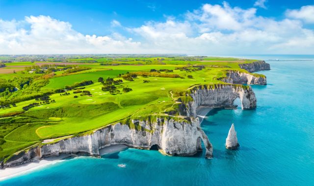 Panoramic view of Etretat in Normany, France