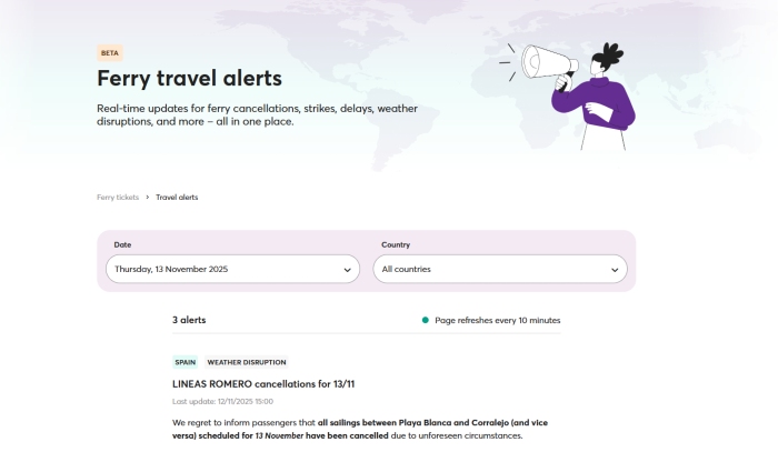 Ferryhopper's ferry travel alerts page