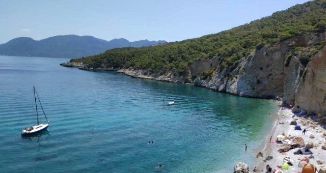 Aerial view of Chalikiada beach in Agistri, Greece