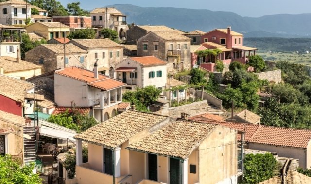 Traditional houses in the mountain village of Giannades in Corfu, Greece