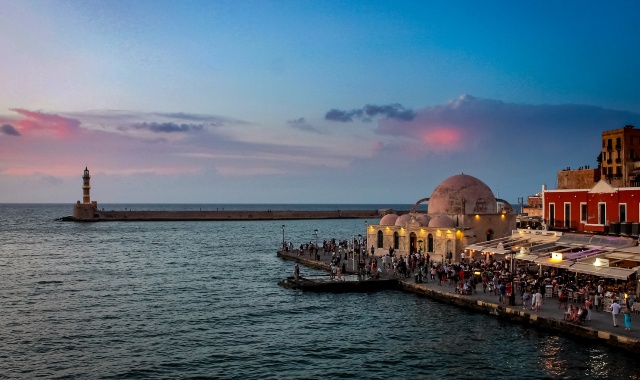 Romantic evening walk at the port of Chania