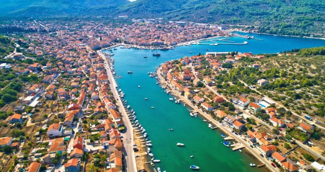 The town and waterfront of Vela Luka in Korčula island, Croatia