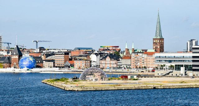 The globe of Climate Planet seen at the port of Aarhus, Denmark