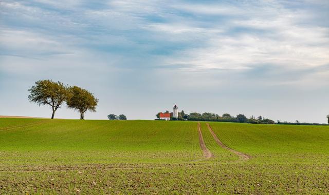 Green valleys with the Gedser Lighthouse in the distance, Denmark