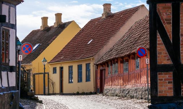 Colorful buildings on a street in Grenaa, Denmark