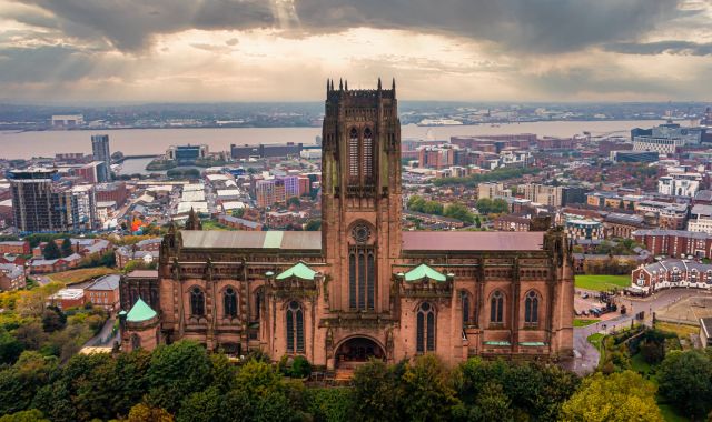 Aerial view of the city of Liverpool and the Liverpool Cathedral, UK