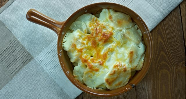 Close-up of a pan haggerty dish served on a table