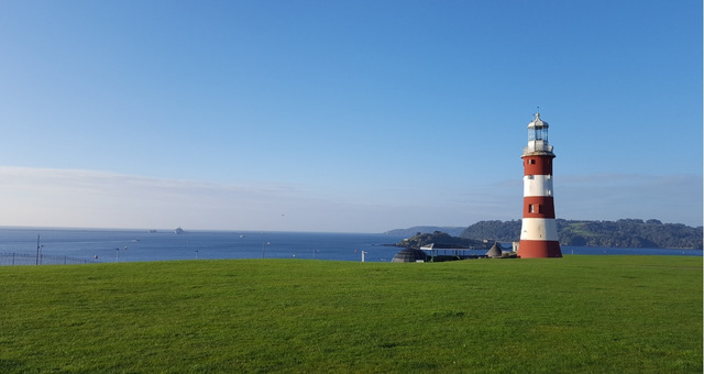 The red-and-white striped Smeaton's Tower lighthouse in Plymouth