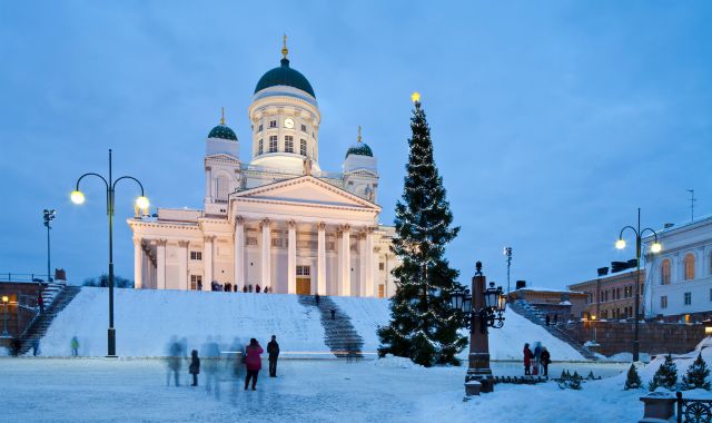 People taking photographs of the Helsinki Cathedral