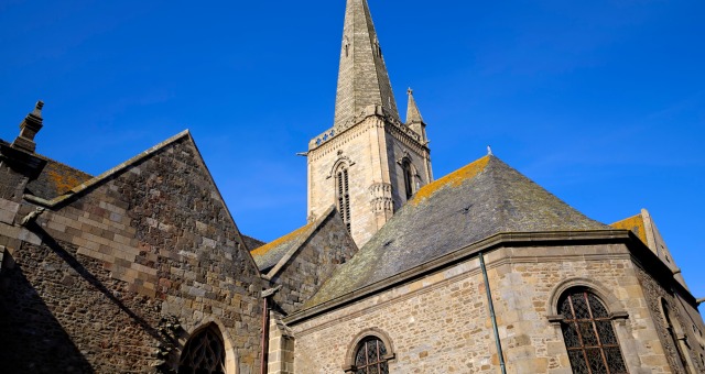 Close-up view of the Roman Catholic Cathedral of Saint-Malo, Brittany, France