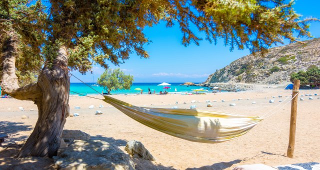 white sand, turquoise waters, tree, hammock, sky