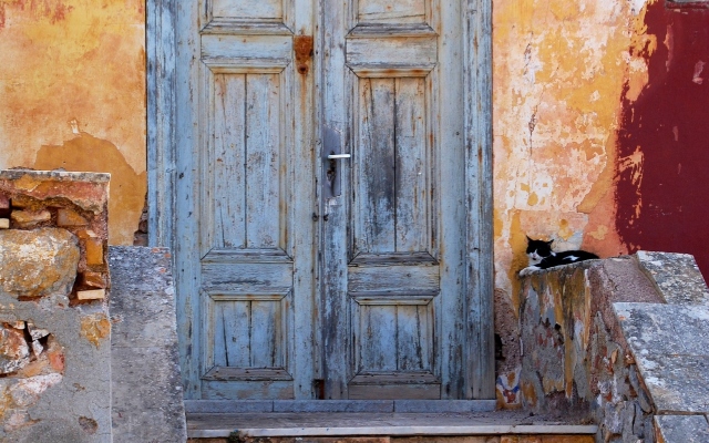 Un gatto bianco e nero sonnecchiando all'ingresso di una vecchia casa di Hydra