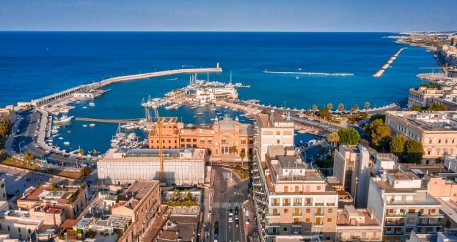 A part of the city center of Bari and its port, Italy