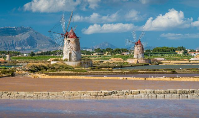 Saltpans and windmills in the Stagnone lagoon of Marsala, Italy