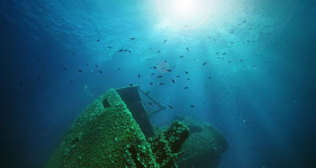 Part of the wreck of Lisca Bianca on the seabed of Panarea, Italy