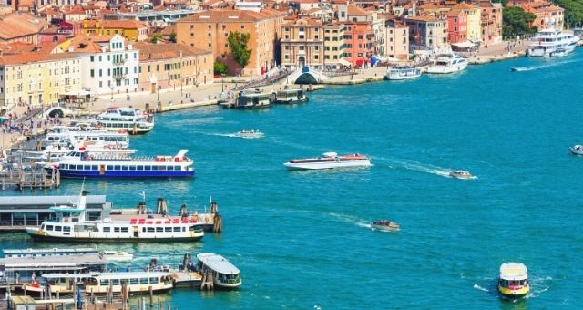 The port of Venice full of ferries and vaporetti