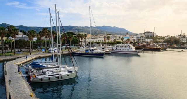 Yacht marina and ferry terminal at the port of Kos in Greece