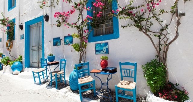 Blue-and-white traditional restaurant at Kos town, Greece