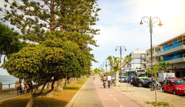 Une piste cyclable de bord de mer bordée d'arbres à Chora