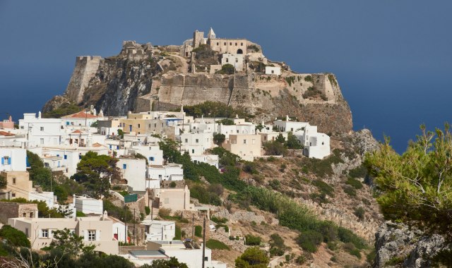 View of Chora and the medieval castle in Kythira, Greece