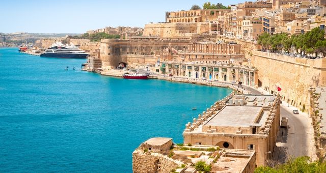 View of Valletta harbor and the city's medieval defensive walls, Malta