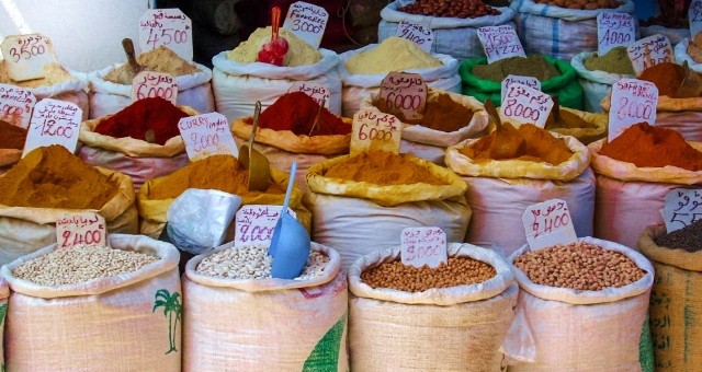 Sacks of spices at the Nador marketplace in Morocco