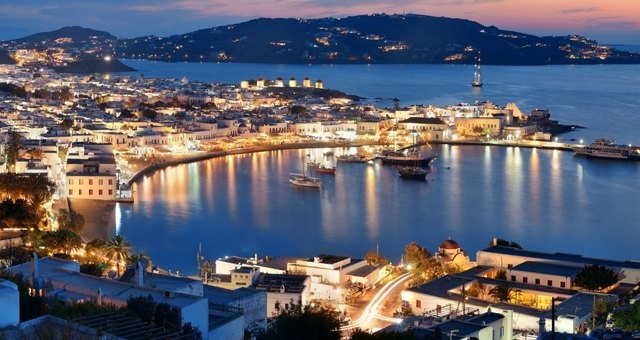 Lights in Mykonos Town by night, Greece