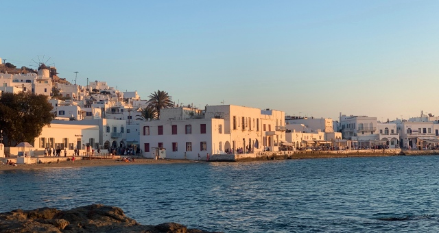 Mykonos Town, Chora, white buildings, sunset, port, sea