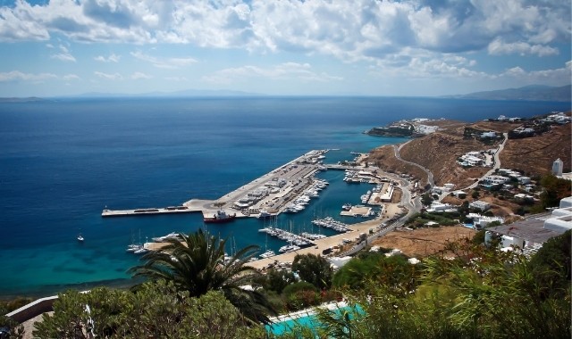 port view, new port of Mykonos, sea, ferries, docks, trees, buildings, sky