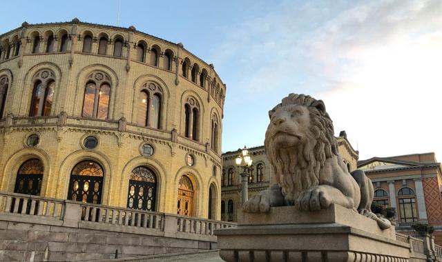 Lion statue outside the Storting building of Oslo