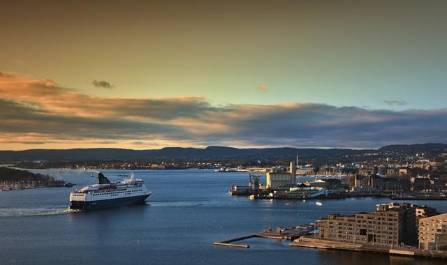 Sunset at the port of Oslo, Norway