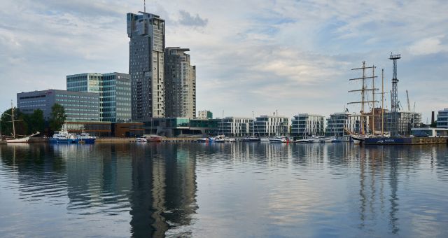 View to Gdynia’s Sea Towers from the sea