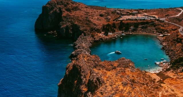 The impressive rock formations at Saint Paul's Beach in Rhodes, Greece