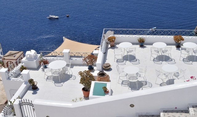 Terrace restaurant with a sea view in Santorini, Greece