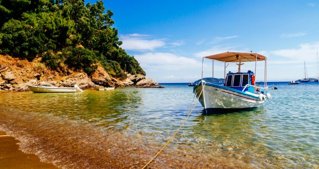 Bunte Fischerboote im Hafen der Insel Skiathos