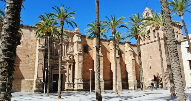 View of the Almería Cathedral set against a backdrop of lush palm trees, Spain