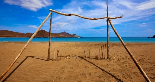 View of a wooden structure at the Playa de los Genoveses in Almería, Spain