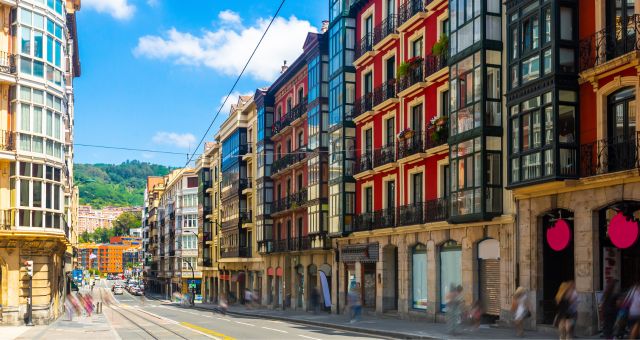 Colorful buildings on a street in Bilbao, Spain