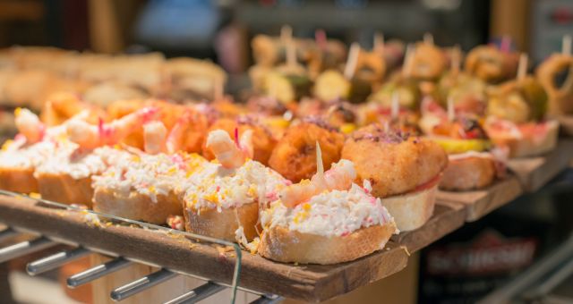 Pintxos on display at a bar in Bilbao 