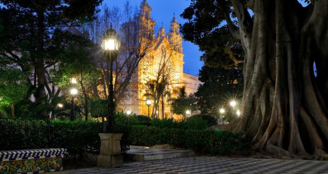 Cadix et sa cathédrale la nuit, en Espagne