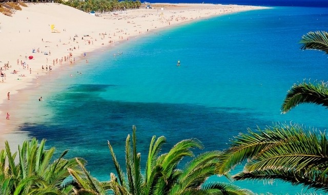 View of the crowded Matorral beach in Fuerteventura, Canary Islands, Spain