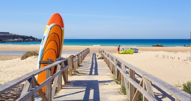 Surfboard at Valdevaqueros beach in Tarifa, Spain