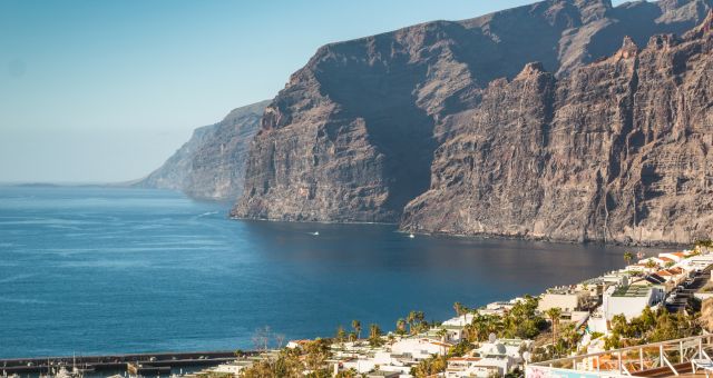 View of Los Gigantes cliffs from Puerto Santiago in Tenerife, Canary Islands, Spain