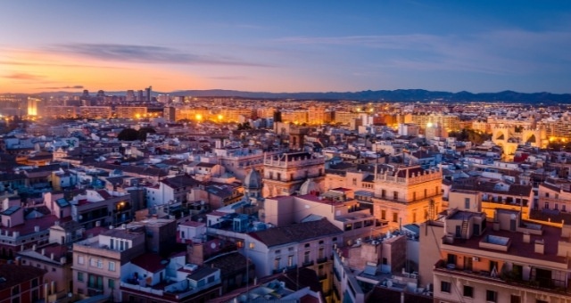 Aerial view of the city of Valencia during sunset, Spain